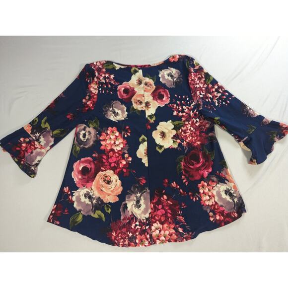 Threads Studio Womens Navy Floral Bell Sleeve Top 3/4 Ruffle Shirt Medium - Picture 9 of 10